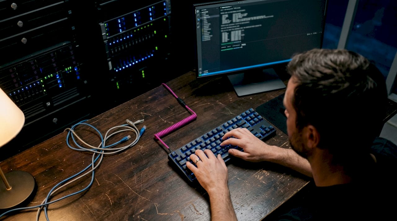 Des mains s’activent sur un clavier au cœur d’une salle de serveurs.
