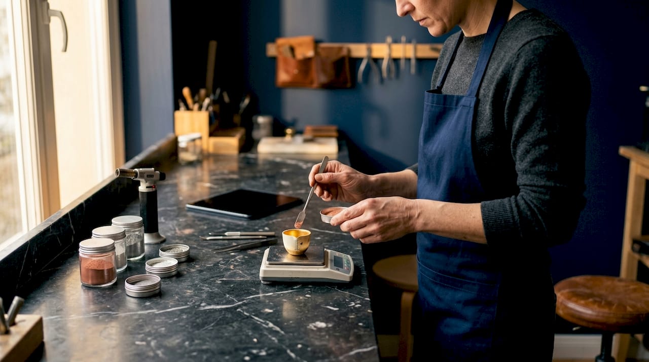 Des mains assemblent différents alliages d’or afin d’obtenir une palette de teintes variées.