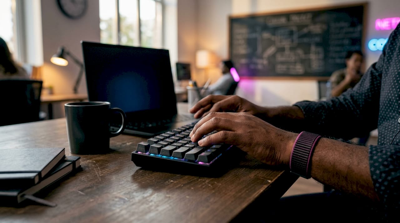Des mains s’activent sur un clavier, écrivant du code dans l’espace de travail d’un développeur.