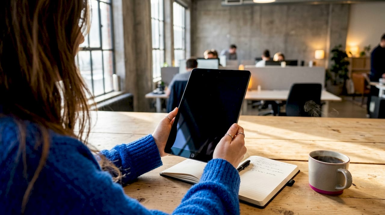Des mains tiennent une tablette affichant une liste de tâches, posée sur une table.