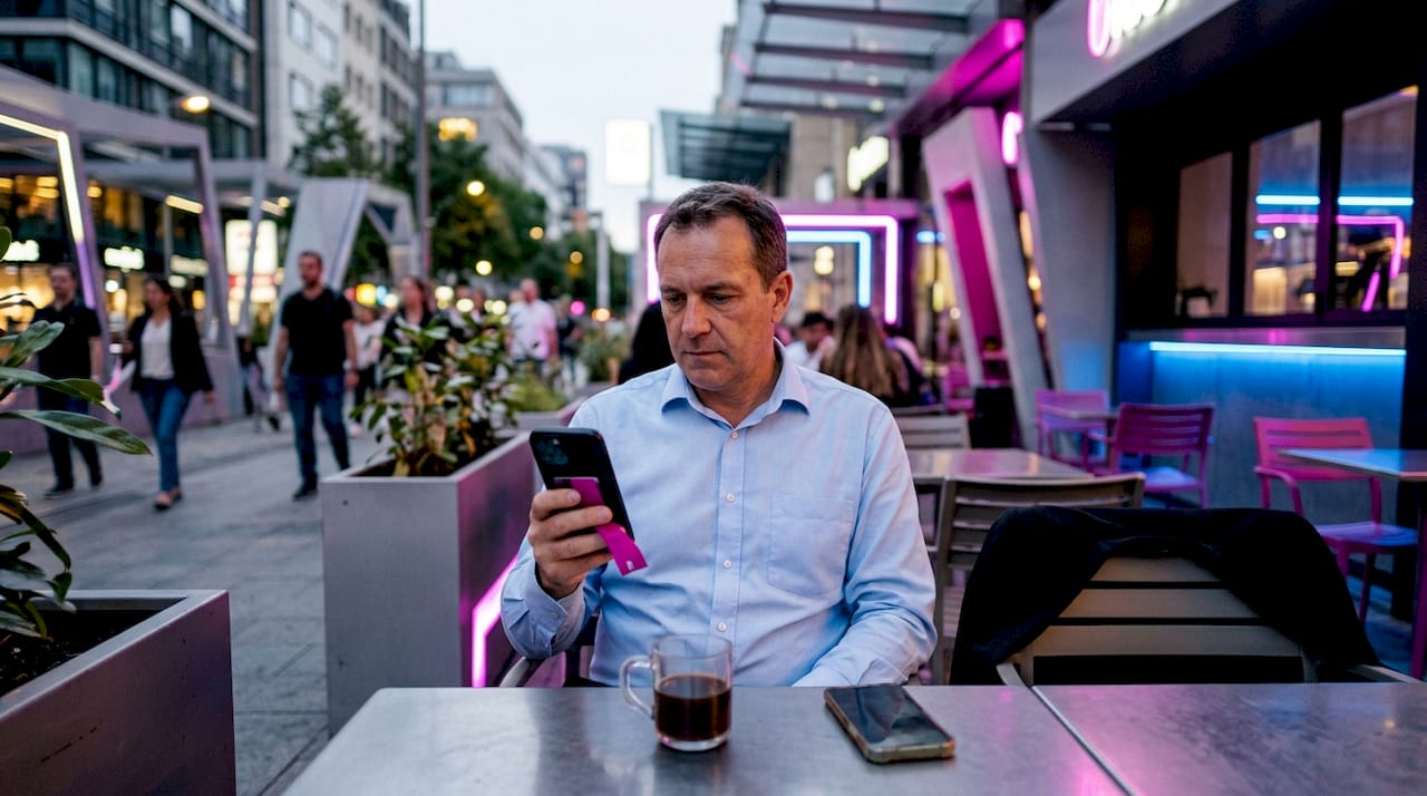 Un homme consulte les avis des clients sur son téléphone.