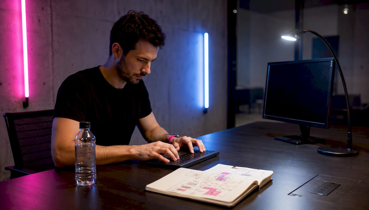 Un homme concentré sur son clavier, en train de coder dans un bureau moderne, entouré d’écrans affichant des pixels et des lignes de code.