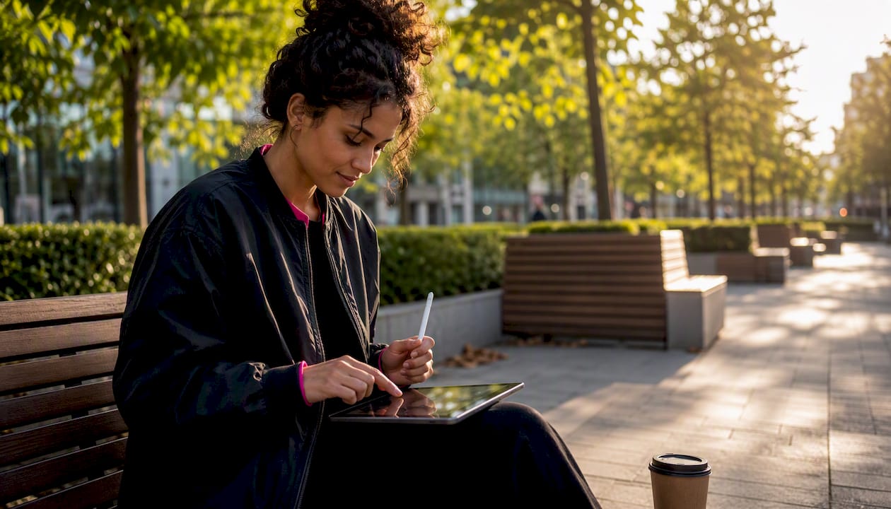 Une jeune femme en pleine création d'un MVP sur tablette grâce à des outils no-code.