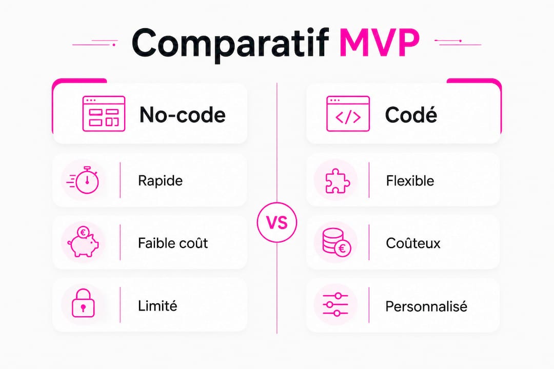 Infographie : différences entre un MVP réalisé avec une solution no-code et un MVP développé sur mesure