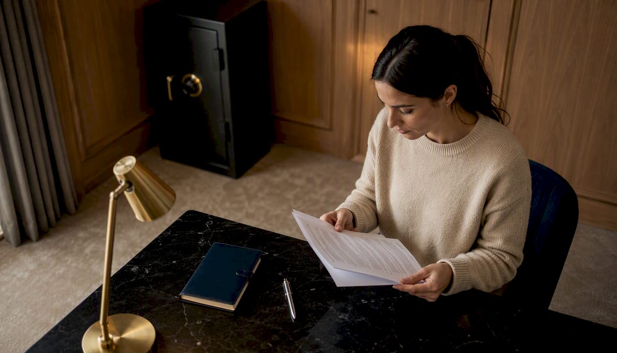 Une femme examine son contrat d’assurance vie chez elle