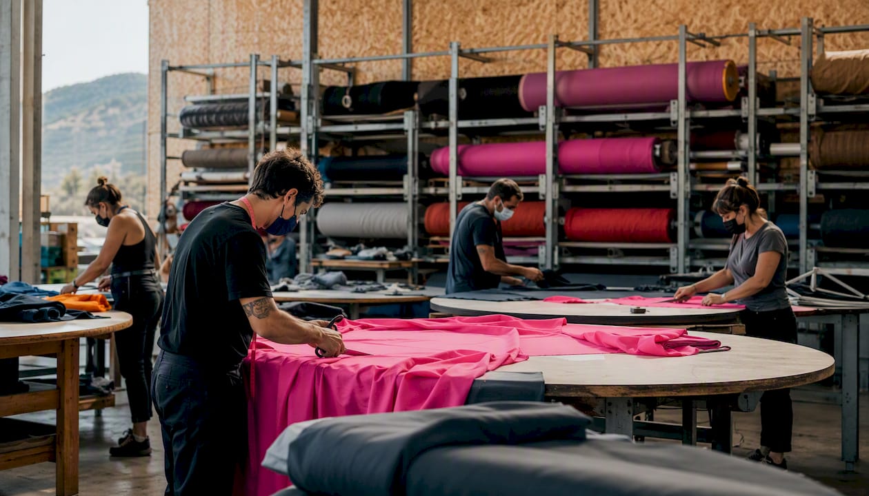 Vue de l’intérieur d’une usine textile, où des ouvriers s’activent autour de grandes pièces de tissu.