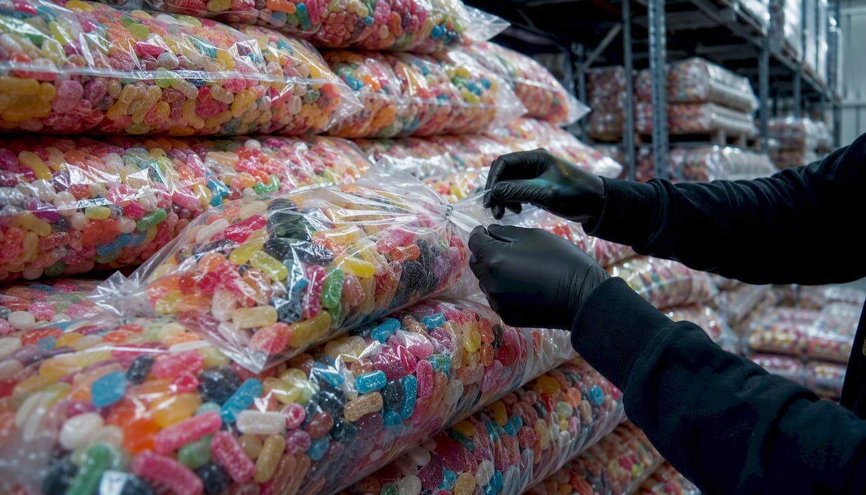 De grands sacs de bonbons soigneusement empilés dans un entrepôt