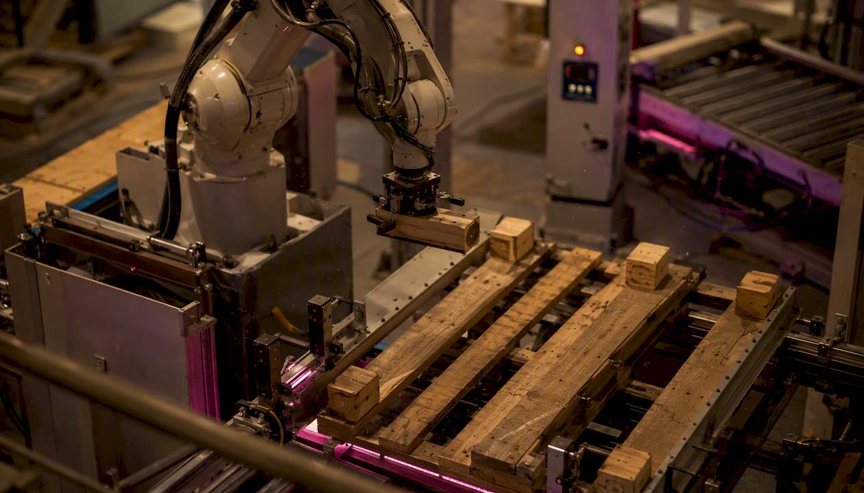 Chaîne automatisée dédiée à la réparation des palettes en bois