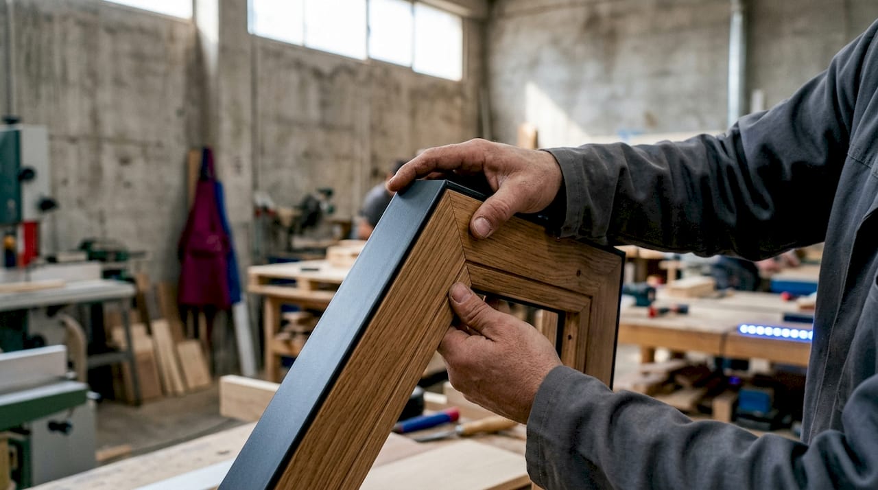 Gros plan sur l’angle d’une fenêtre bois-alu tenue en main