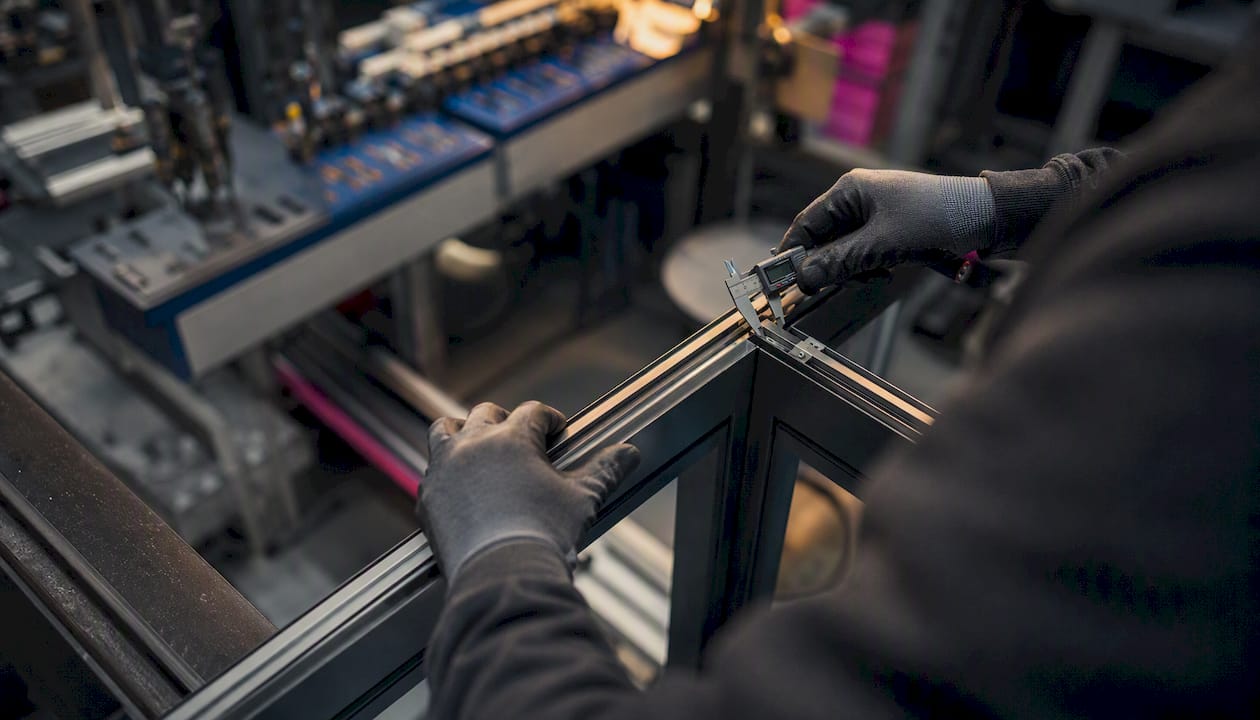 Un technicien procède à un contrôle minutieux d’un cadre en aluminium sur la chaîne de production.