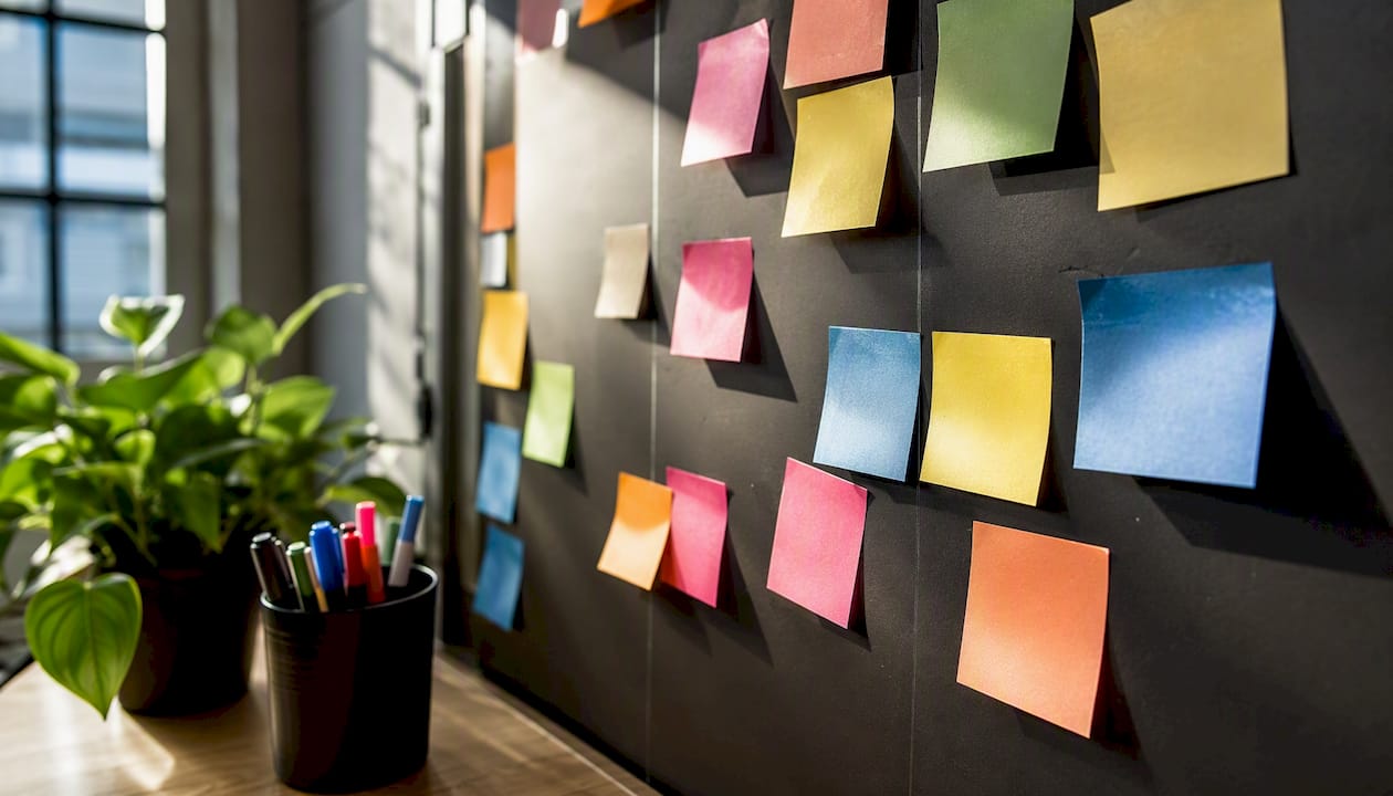 Tableau Kanban affiché dans un espace de travail, avec des cartes de tâches organisées pour suivre l’avancement des projets.