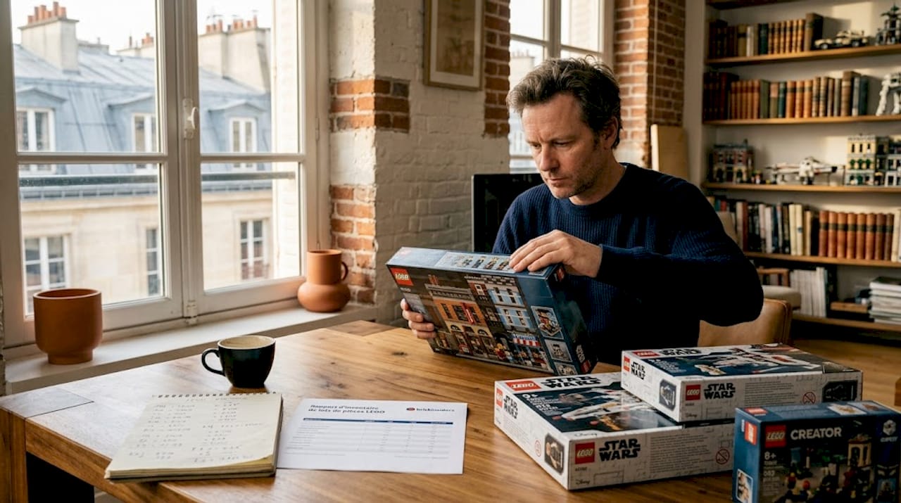 Un homme examine attentivement des boîtes LEGO encore scellées, installé à sa table de cuisine.