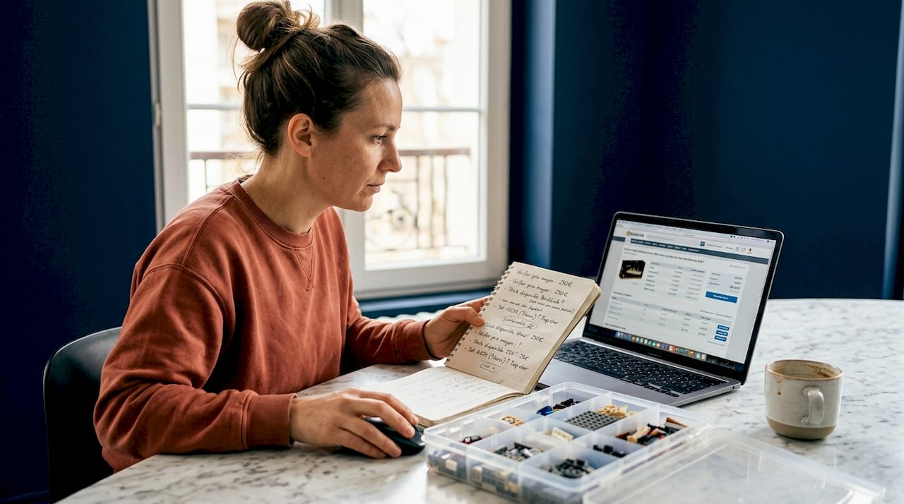 Une femme compare les tarifs d’un coffret LEGO sur Internet.