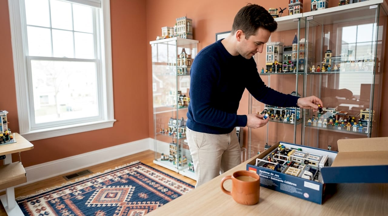 Passionné de LEGO en pleine organisation de sa collection sur ses étagères