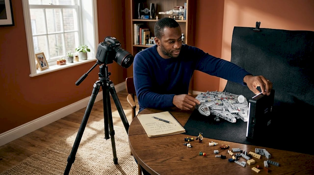 On prépare une scène avec des LEGO pour une séance photo.