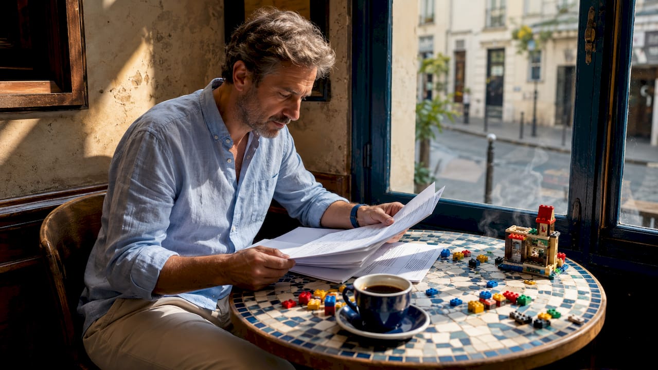 Un homme passe en revue ses déclarations fiscales LEGO