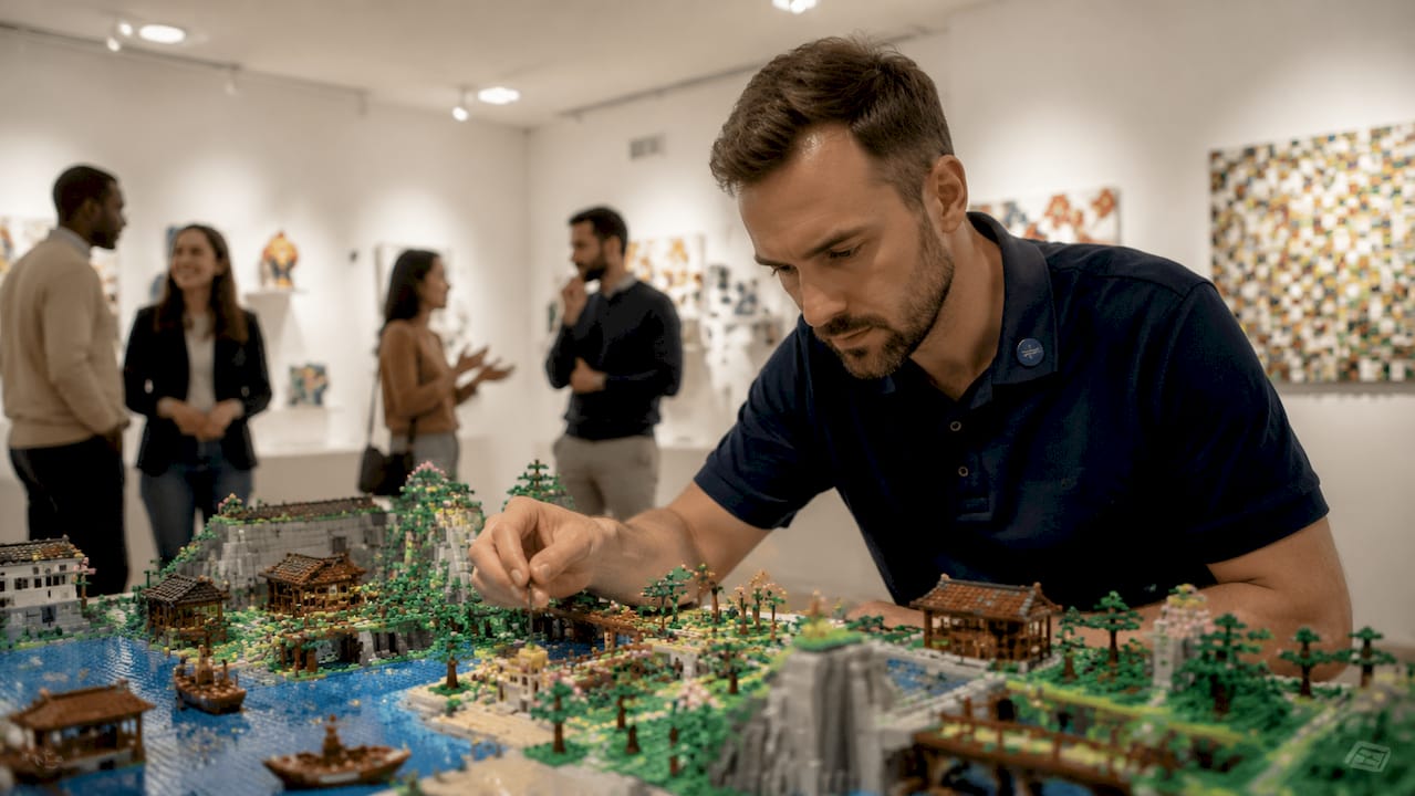 Un passionné admire une maquette LEGO exposée lors d’un salon.