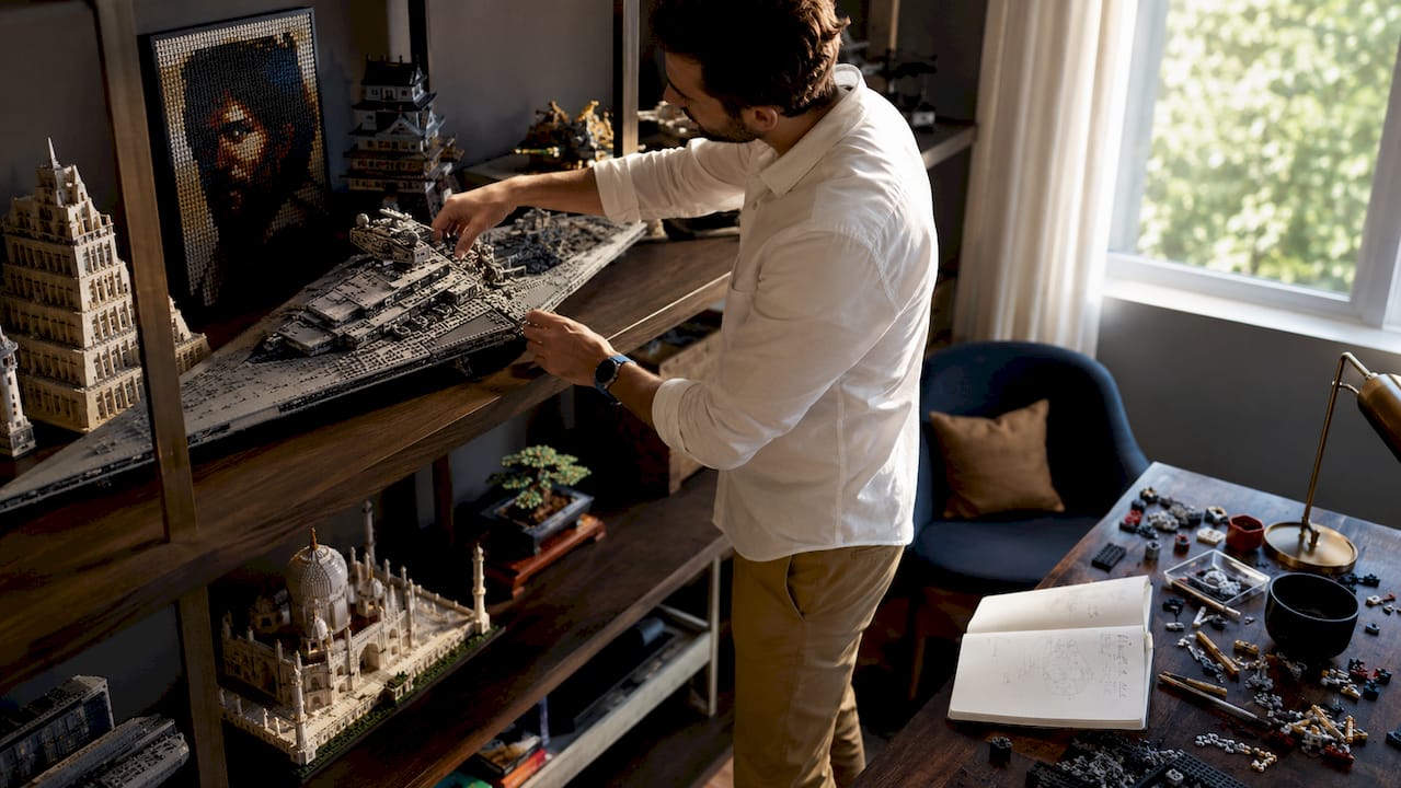 Un homme prend soin de ranger soigneusement sa collection de LEGO pour adultes sur une étagère.