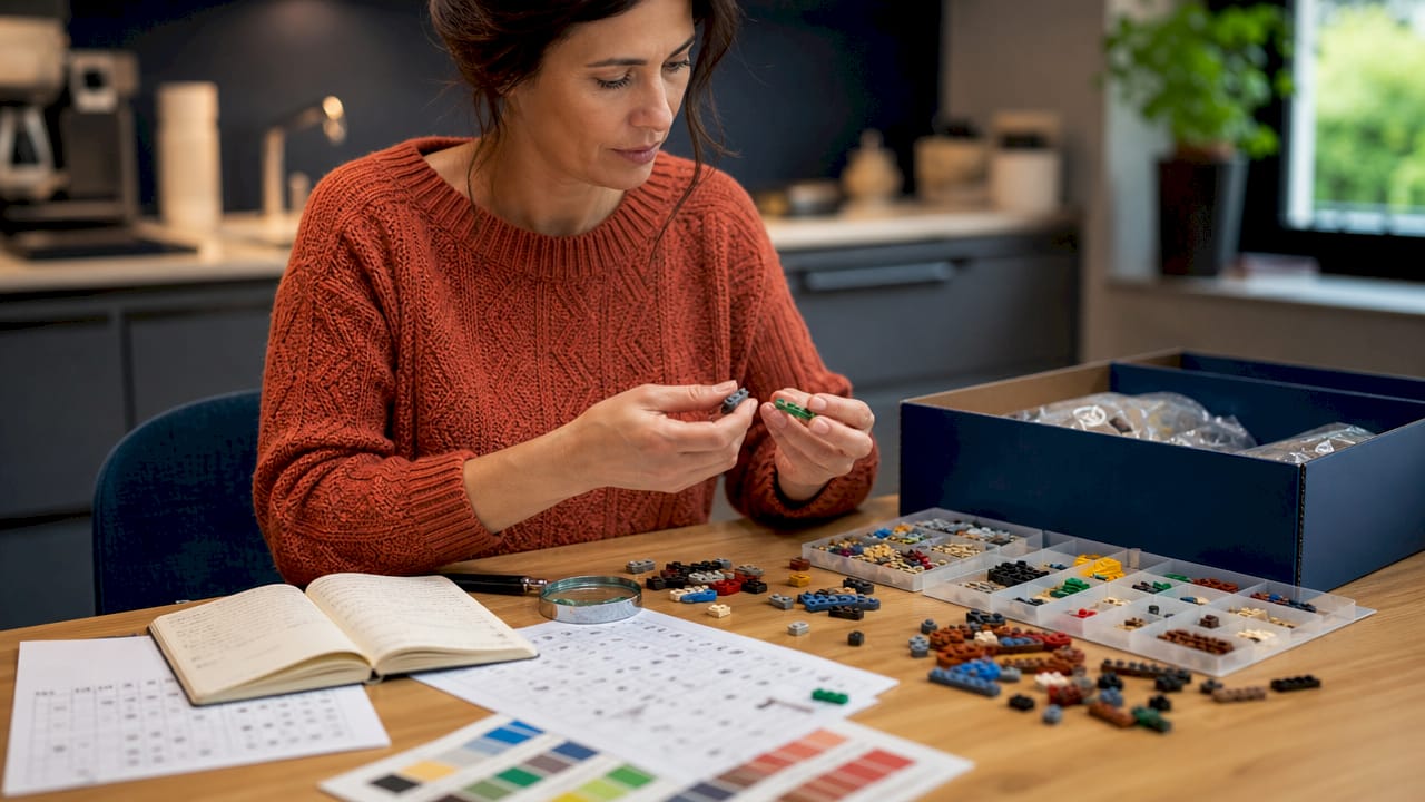 Un passionné examine attentivement des pièces LEGO originales pour vérifier leur authenticité.