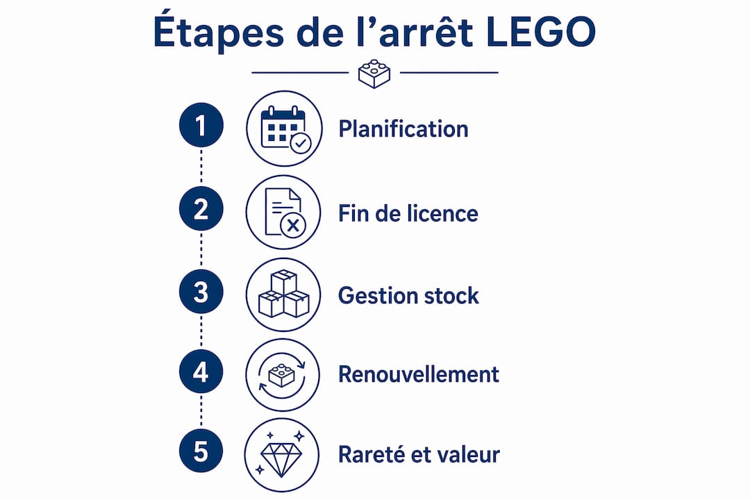 Schéma des différentes étapes lors de l’arrêt de la production chez LEGO