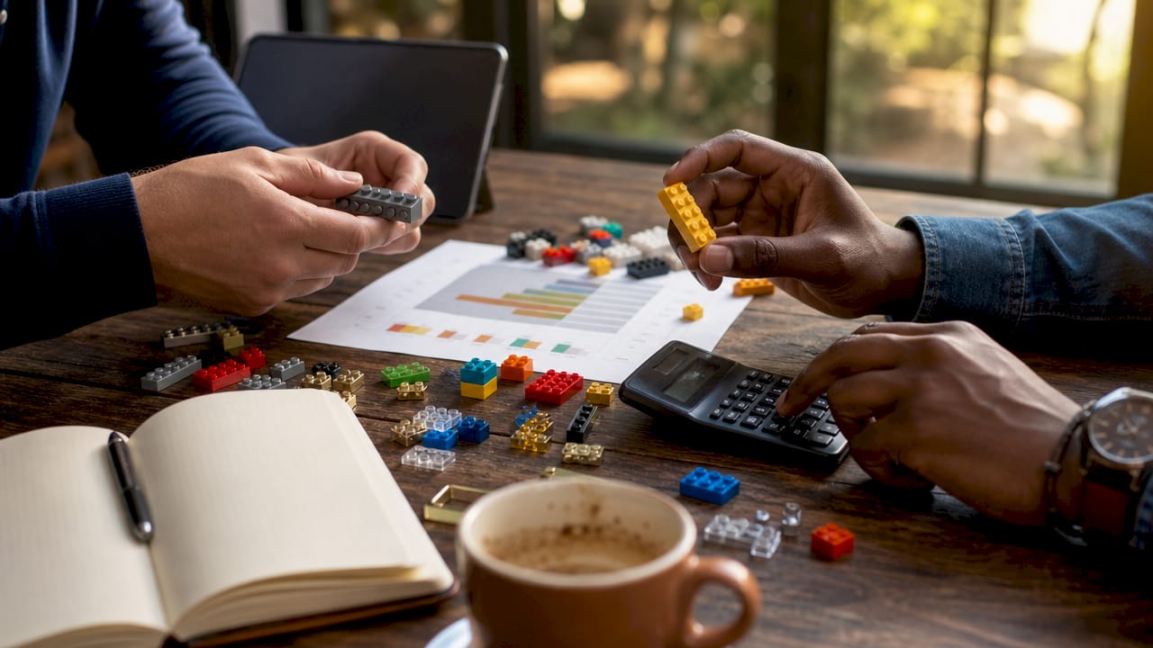 Des mains en train de calculer le prix d’un LEGO par pièce