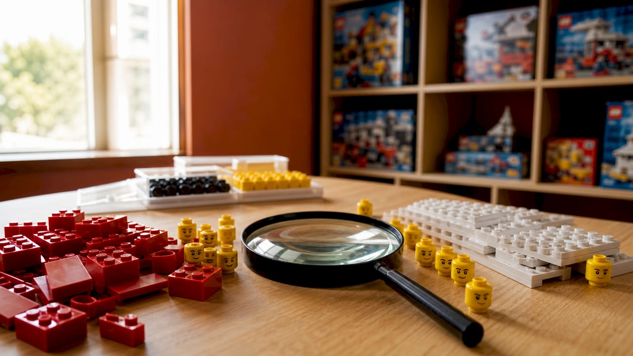 Zoom sur les briques LEGO emblématiques à travers une loupe