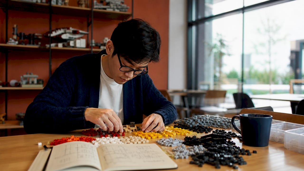 Des mains en train de trier des briques LEGO de différentes couleurs emblématiques sur une table