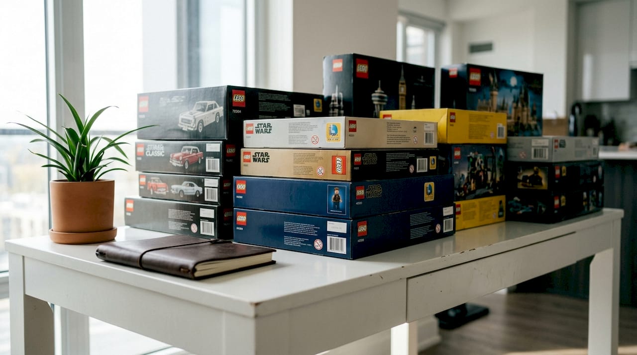 Des boîtes LEGO neuves posées sur un bureau bien éclairé