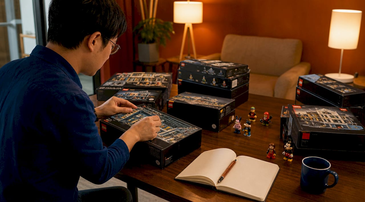 Rangement de boîtes LEGO sur le bureau, avec des mains en train de les organiser.