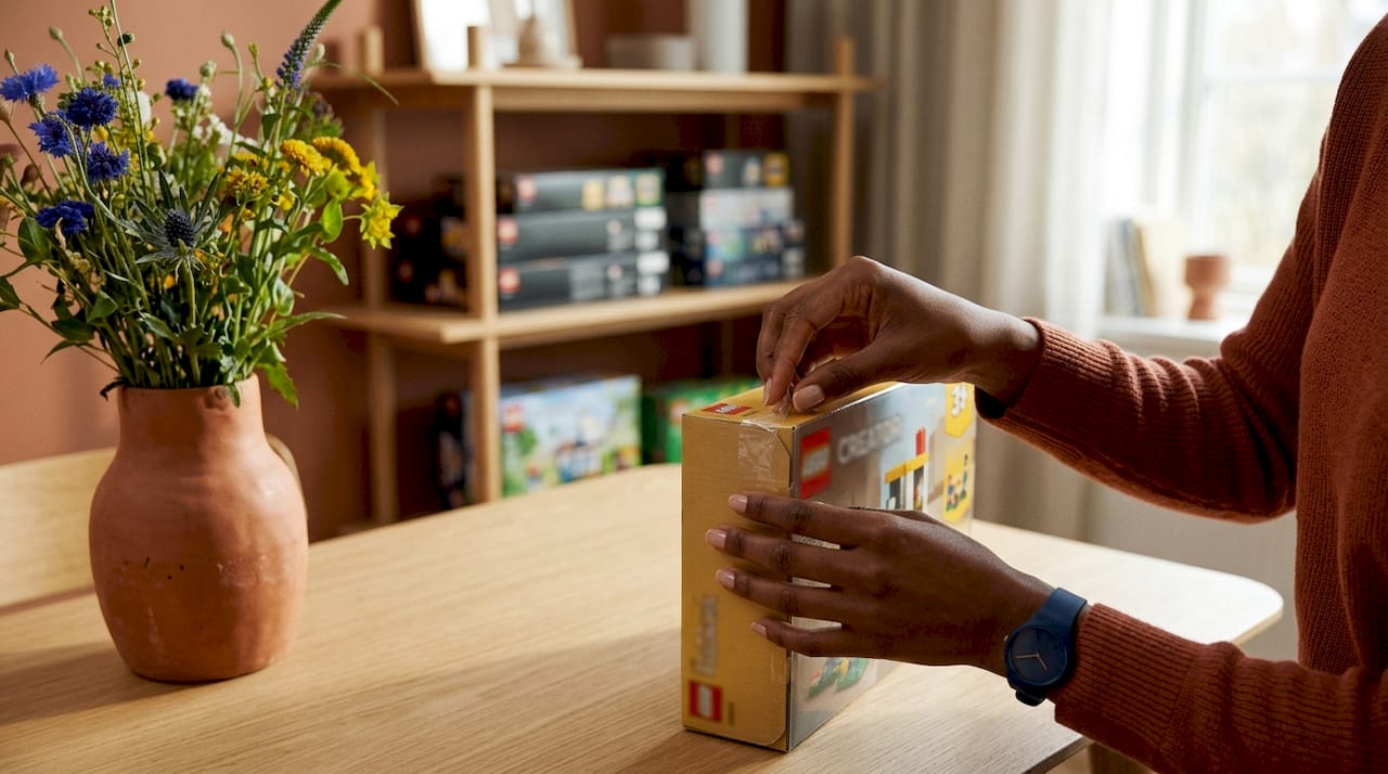 Vérification du scellé d’origine d’une boîte LEGO par un contrôle minutieux des mains.