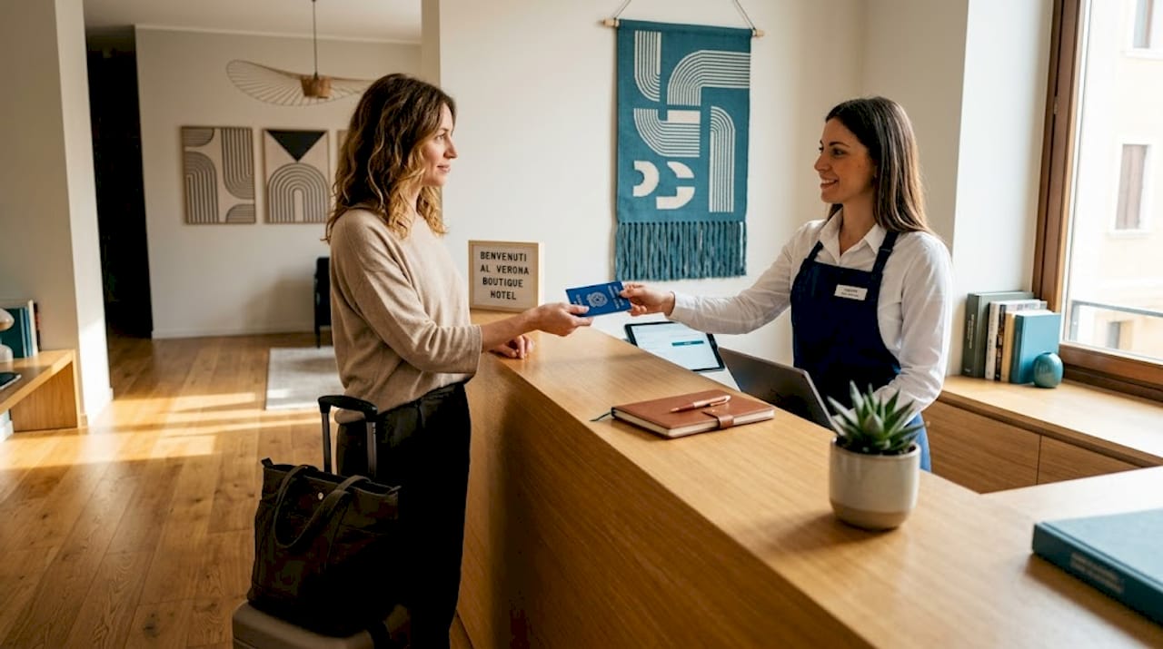 Un ospite arriva alla reception di un hotel a Verona e consegna il proprio passaporto al momento del check-in.