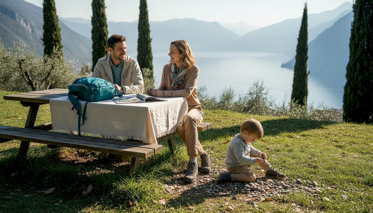Una famiglia si gode la vista sul lago da un prato panoramico, immersa nella tranquillità della natura.