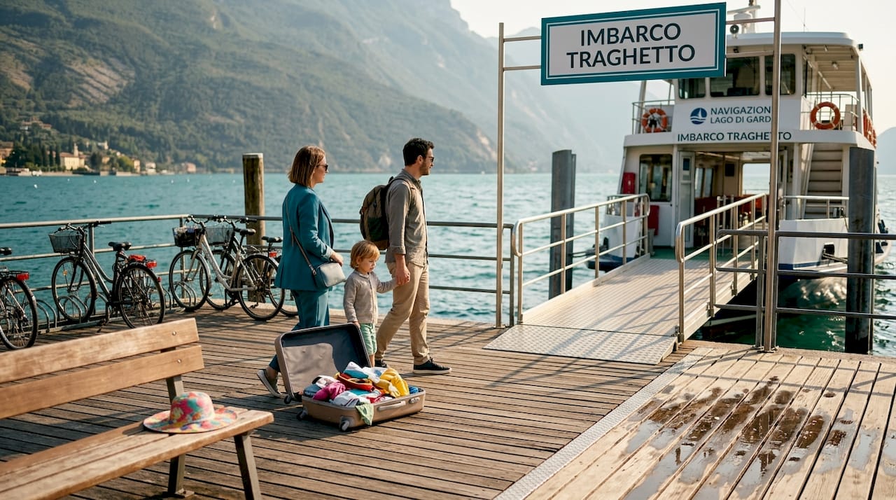 Una famiglia si imbarca sul traghetto per una gita mattutina sul Lago di Garda.