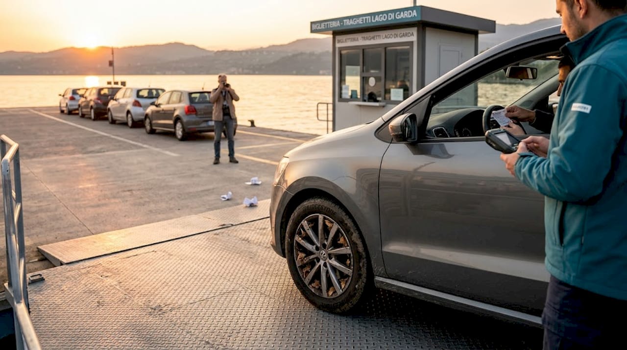 Sul Lago di Garda, auto e passeggeri si imbarcano sul traghetto per attraversare le sue acque e raggiungere la sponda opposta.