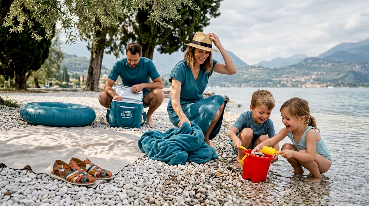 Una famiglia con bambini si diverte giocando sulla riva del lago.