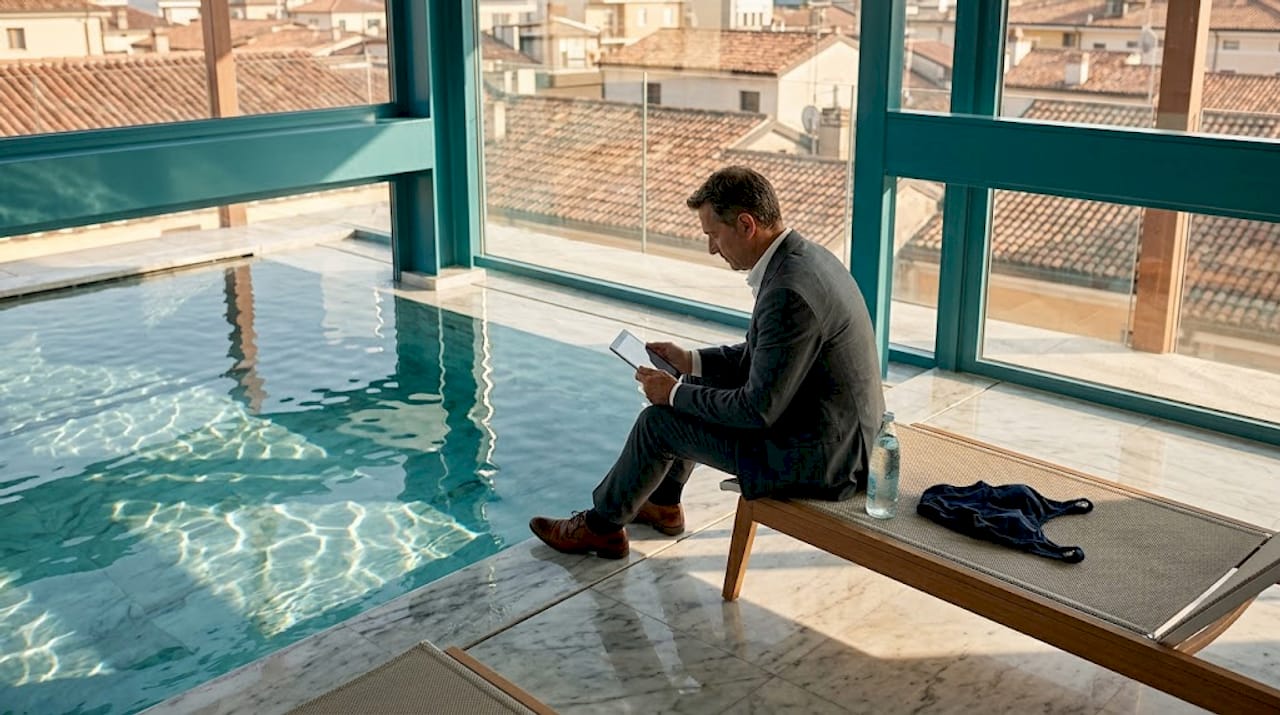 Ospite business che si gode un momento di relax a bordo piscina in hotel, lavorando comodamente dal tablet.