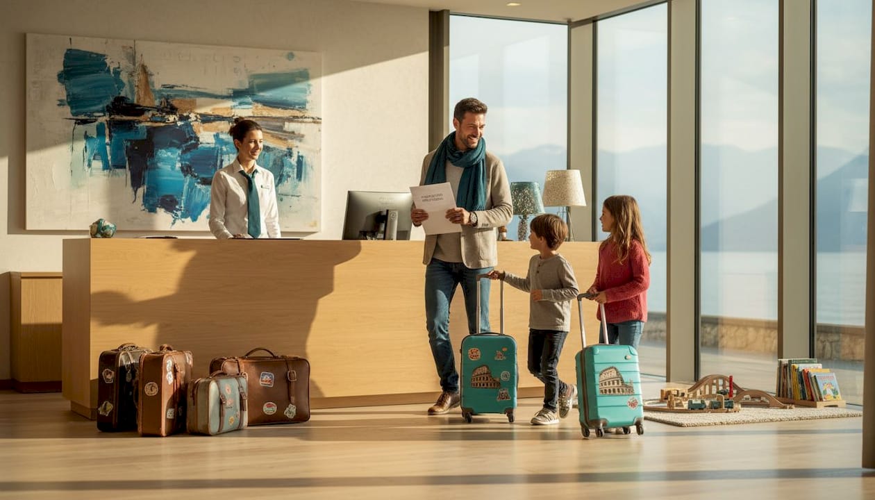 Una famiglia si presenta all’ingresso di un hotel affacciato sul Lago di Garda, pronta a iniziare la sua vacanza.