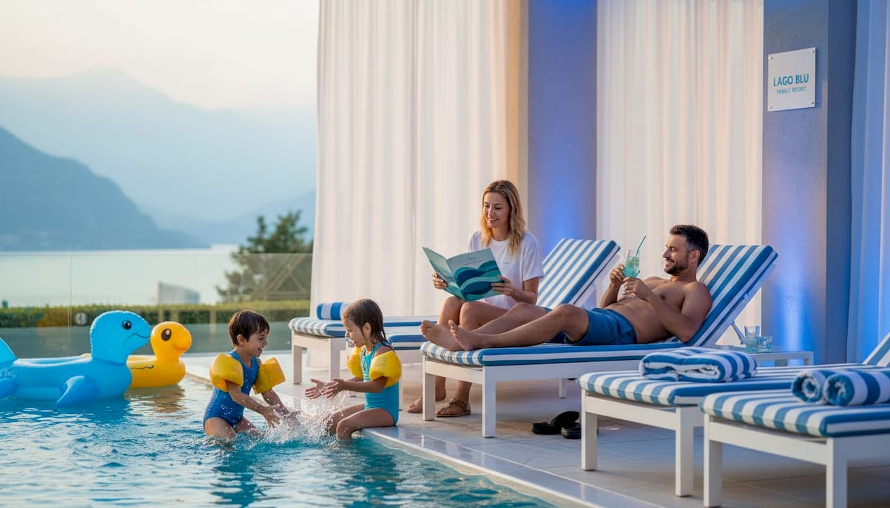 Famiglie con bambini nella zona piscina dell’hotel