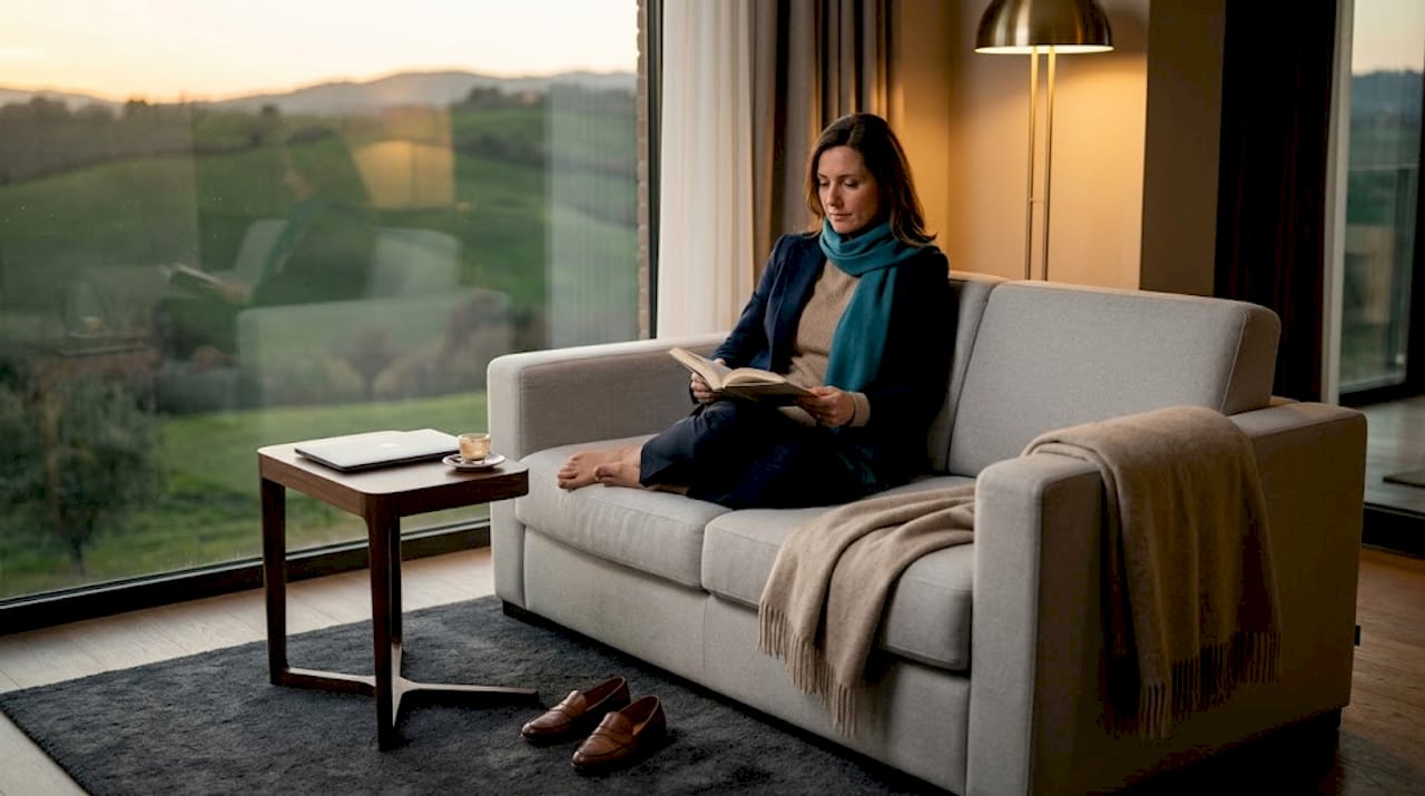 Manager che si concede un momento di relax nell’area benessere della suite d’albergo