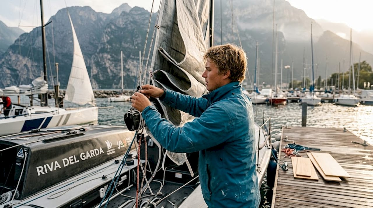 Un giovane skipper si dedica ai preparativi della sua barca a vela sulle rive del Garda, pronto a salpare per una nuova avventura.