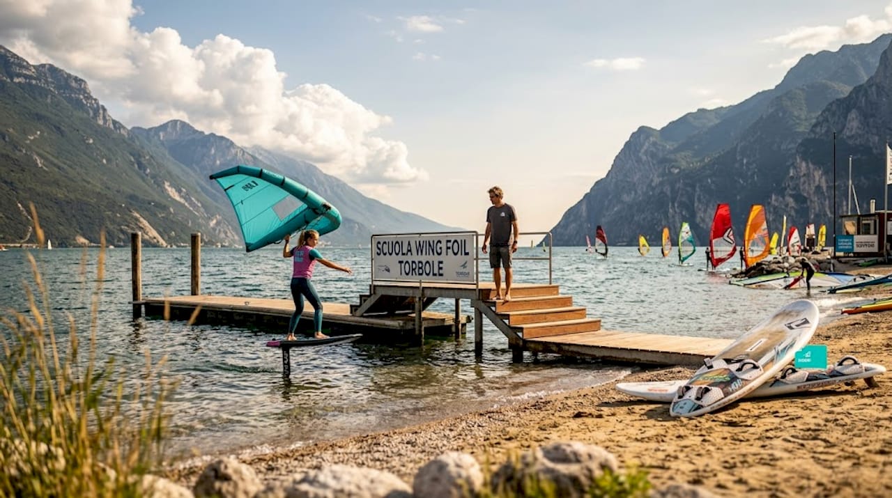 Un atleta si cimenta nel wing foil sulle acque del Garda.