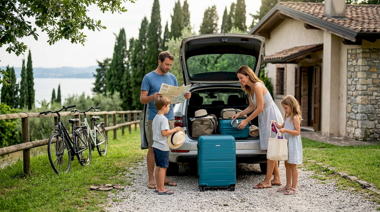 Una famiglia si organizza per le vacanze estive sul Lago di Garda.