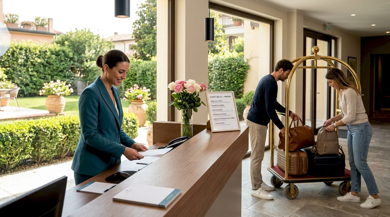Reception dell’hotel alle porte di Verona affollata durante l’orario di check-in