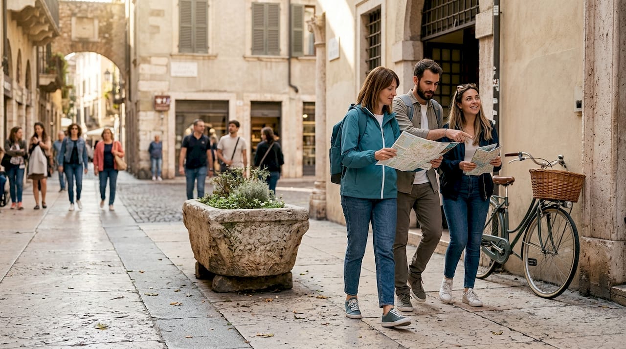 Turisti che passeggiano tra le vie del centro storico di Verona, vicino all’Arena.