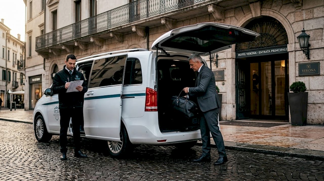 Un minivan navetta sta caricando i bagagli davanti a un hotel di Verona.