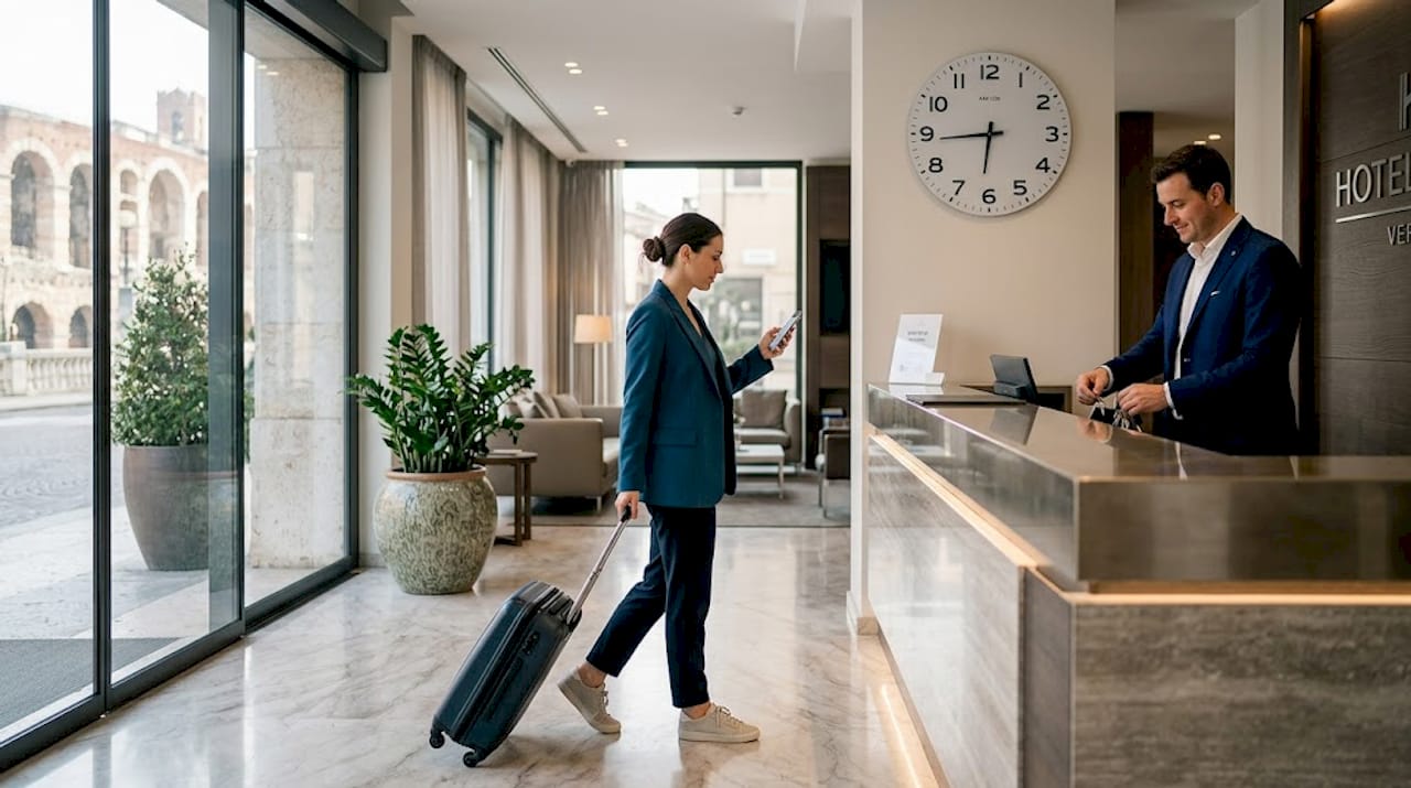 Un ospite dell’hotel consulta il proprio smartphone nella hall di un albergo a Verona.