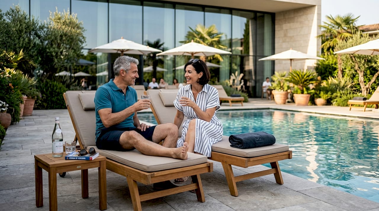 Una coppia si gode un momento di relax a bordo piscina in un elegante hotel di Verona.