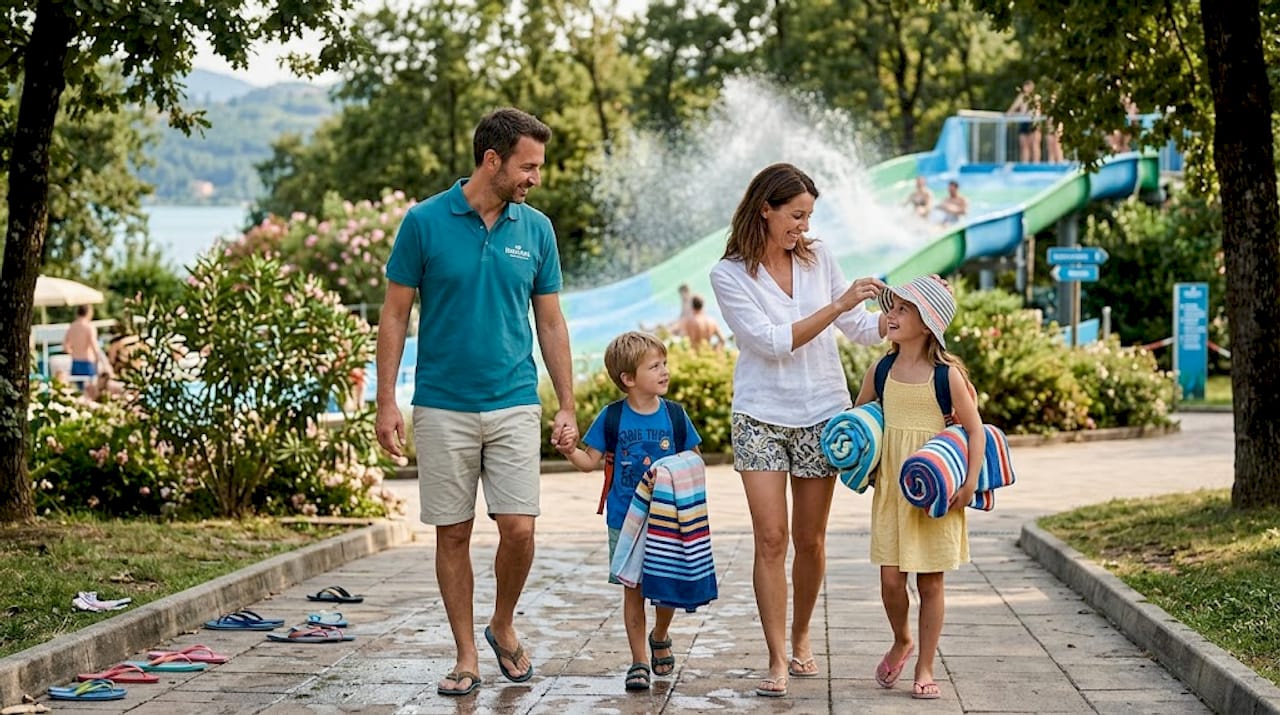 Una famiglia trascorre una giornata di divertimento in un parco acquatico sulle rive del Lago di Garda.