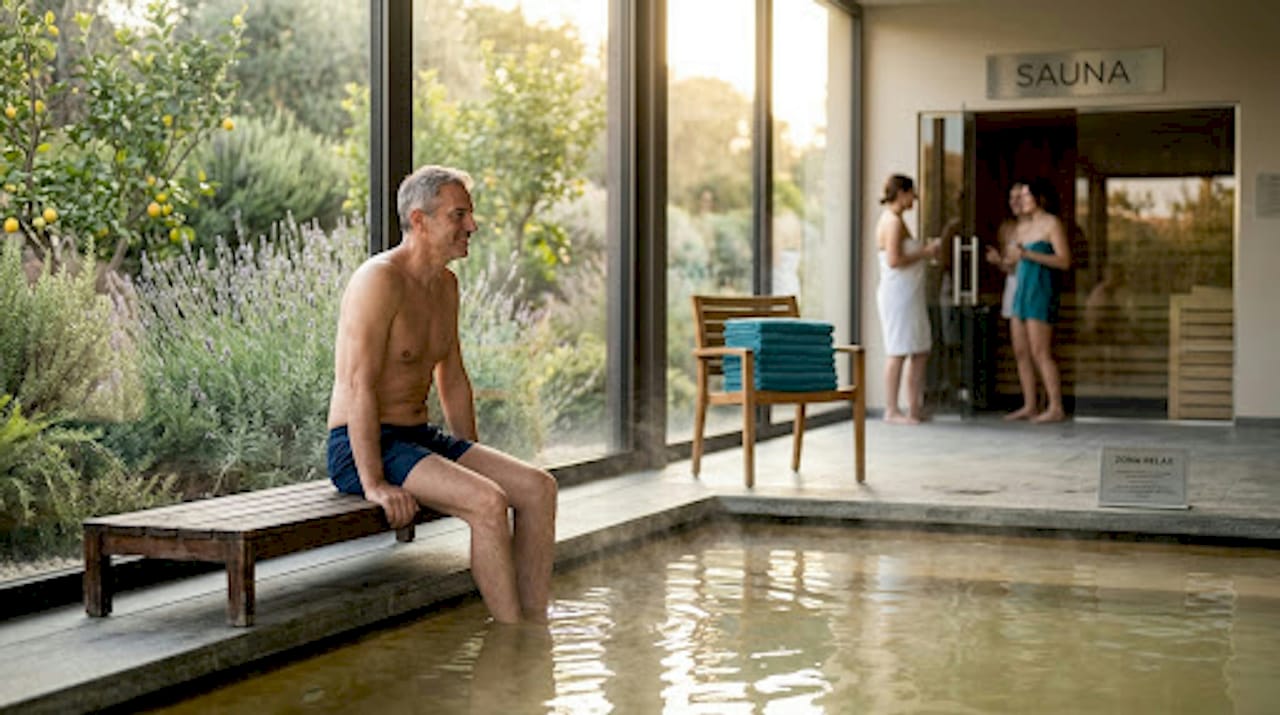 Ospiti che si rilassano tra piscina termale e sauna all'interno della spa