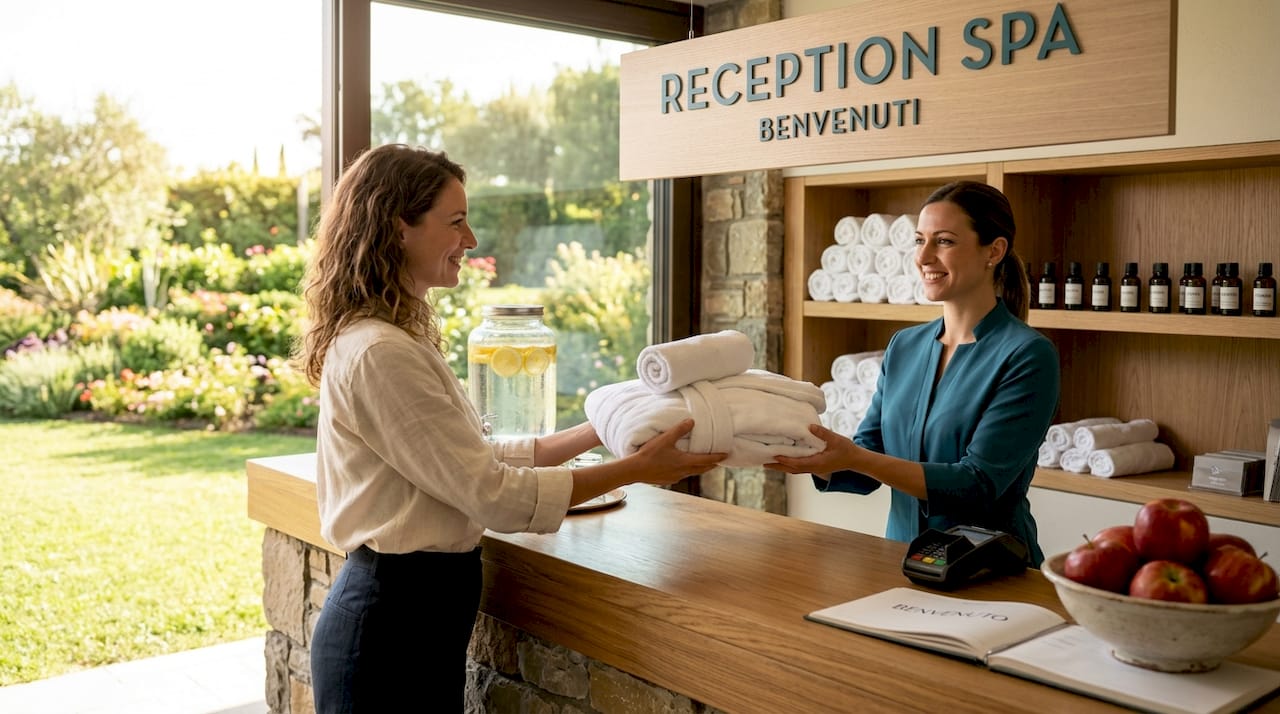 Un ospite sta arrivando alla reception della Spa Garda, pronto a vivere un momento di relax e benessere.